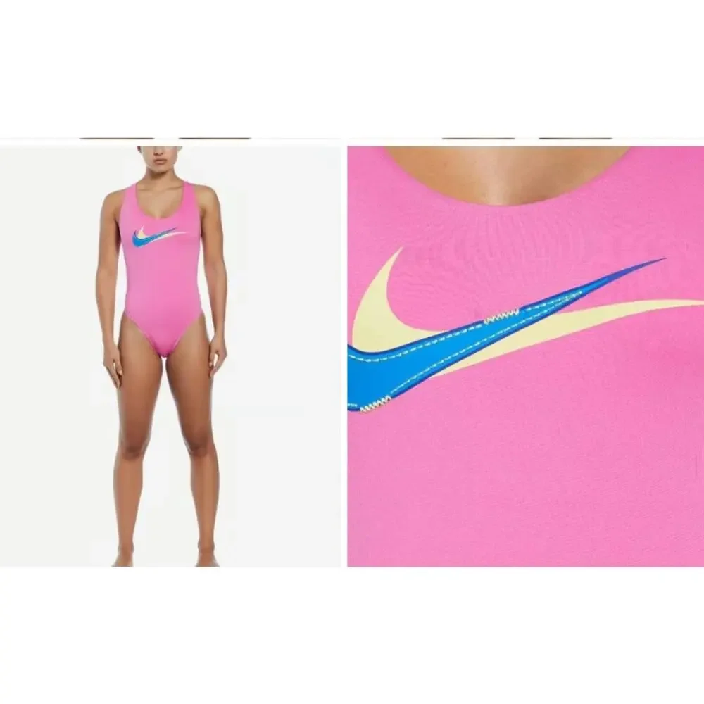 New NWT Nike Swim Multi Logo Pink Blue Women's Swimsuit One‎ Piece Size Small